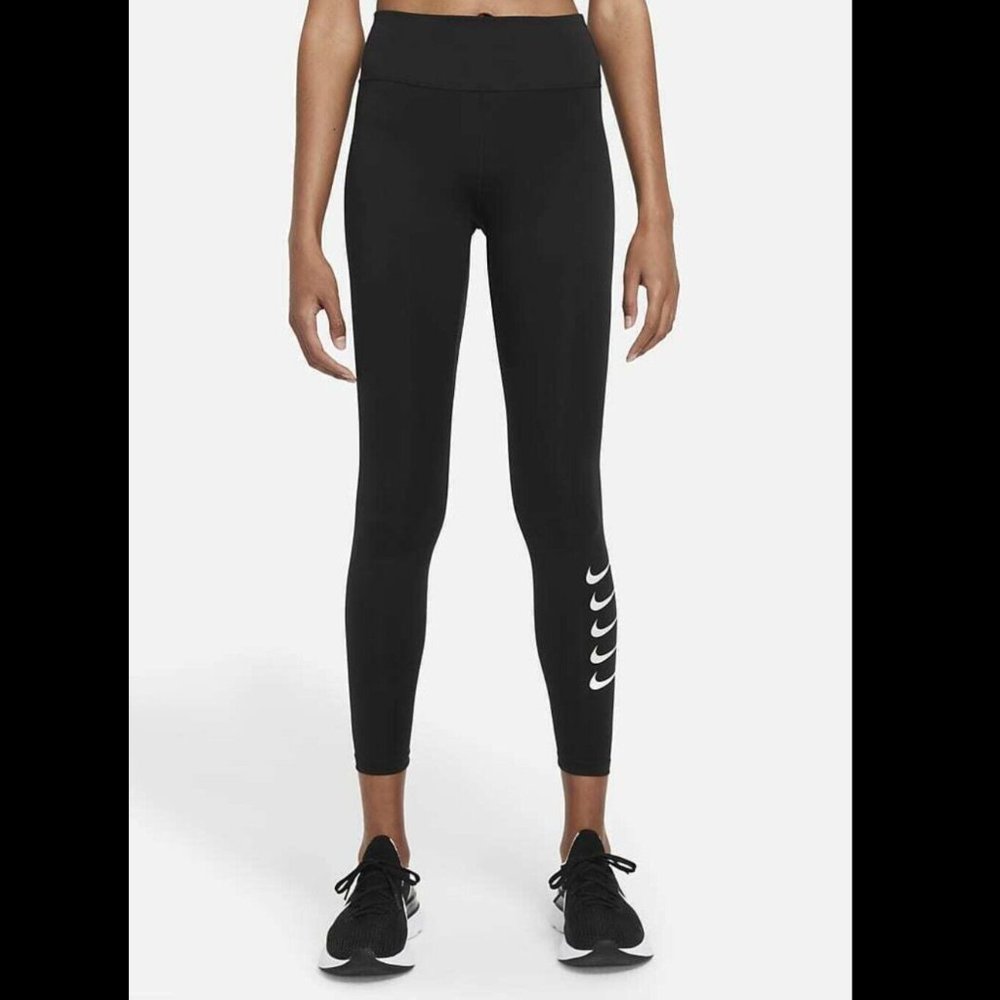 NWT NIKE SWOOSH DRI FIT WOMEN'S 7/8 RUNNING MID RISE TIGHTS BLACK SZ M #DJ0934